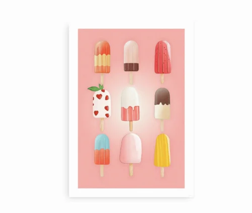 Farverig Ice Cream-plakat med ni ispinde i pastelfarver på lyserød baggrund.