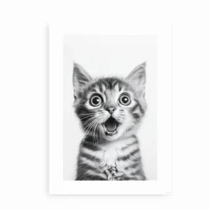 Plakat af en overrasket killing i sort/hvid på hvid baggrund.