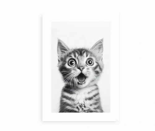Plakat af en overrasket killing i sort/hvid på hvid baggrund.