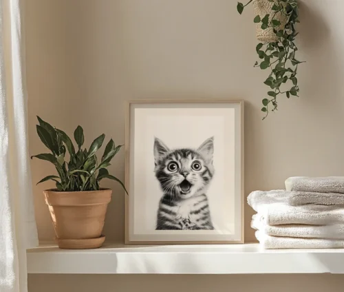 Sort/hvid plakat med en killing, placeret på en hylde sammen med grønne planter og hvide håndklæder i et lyst rum.