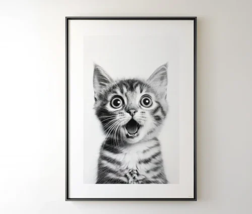 Sort/hvid plakat med en killing, der ser overrasket ud, indrammet i en sort ramme på en hvid væg.