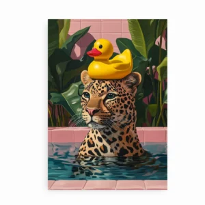 Leopard med gummiand og tropisk baggrund som kunstplakat.