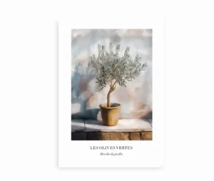 Plakat med et oliventræ i terrakrukke stående på en lys overflade.