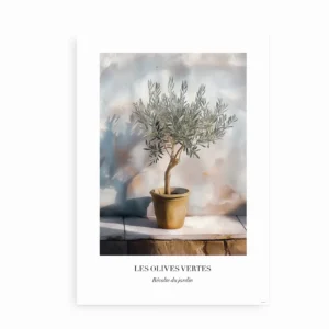 Plakat med et oliventræ i terrakrukke stående på en lys overflade.