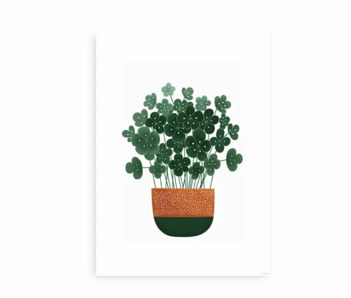 Dekorativ plakat med en frodig kløverplante i urtepotte, isoleret på hvid baggrund.
