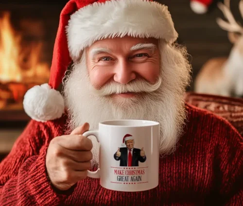 Smilende julemand holder et krus med Donald Trump i nissehue og teksten "Make Christmas Great Again".