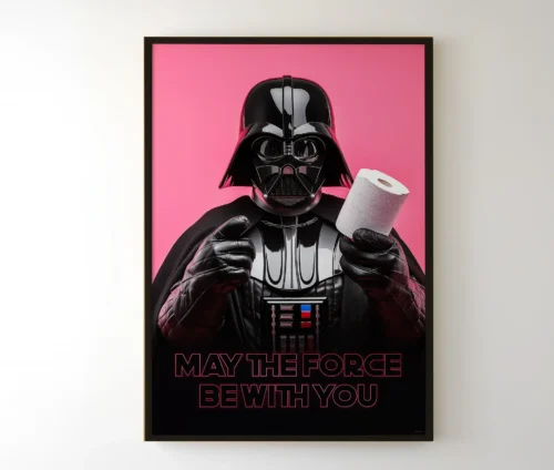 Kunstplakat med Darth Vader, der holder toiletpapir på en pink baggrund.