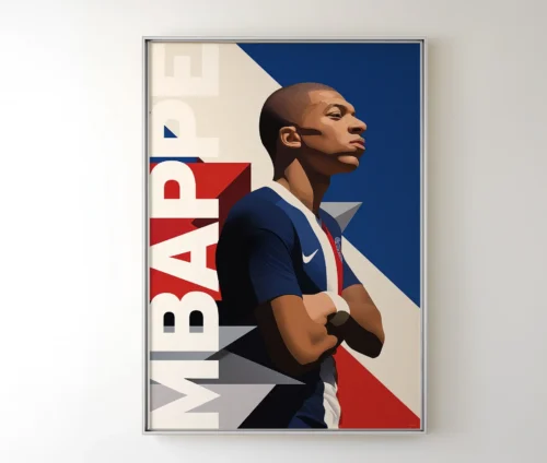 Grafisk plakat af Mbappé, isoleret på en hvid baggrund med fokus på hans selvsikre holdning.