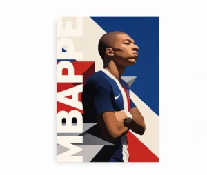 Plakat med Mbappé i en selvsikker positur på en baggrund med grafiske elementer i blå, rød og hvid.