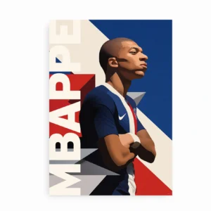 Plakat med Mbappé i en selvsikker positur på en baggrund med grafiske elementer i blå, rød og hvid.