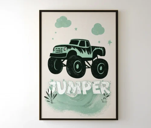Sjov børneplakat med monstertruck i mintgrønt og teksten "Jumper".