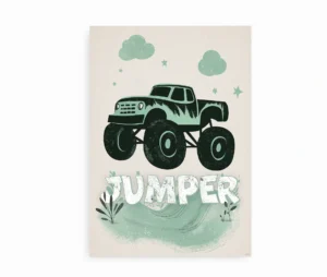 Monstertruck og teksten "Jumper" på en farverig plakat til børneværelset.