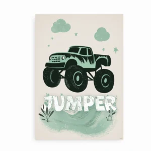 Monstertruck og teksten "Jumper" på en farverig plakat til børneværelset.