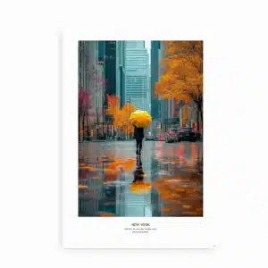 Nærbillede af plakat med en person med gul paraply i en regnvåd New York-gade.