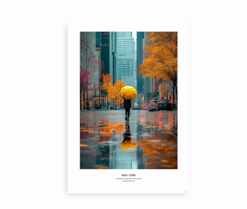Nærbillede af plakat med en person med gul paraply i en regnvåd New York-gade.