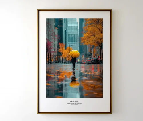 Smuk plakat med en gul paraply i en efterårsklædt New York-gade, set i en sort ramme.