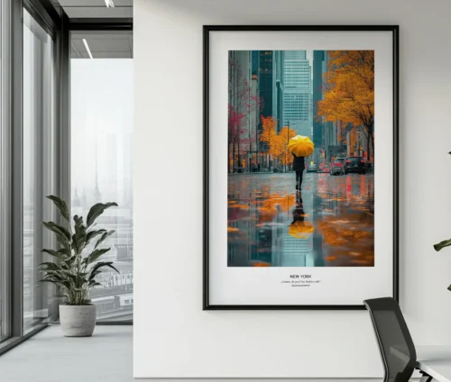 Plakat med New York efterårslandskab og en gul paraply i et moderne kontorrum.