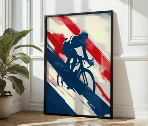 Moderne plakat med cykelrytter i bevægelse, omkranset af røde, hvide og blå farvestrøg.