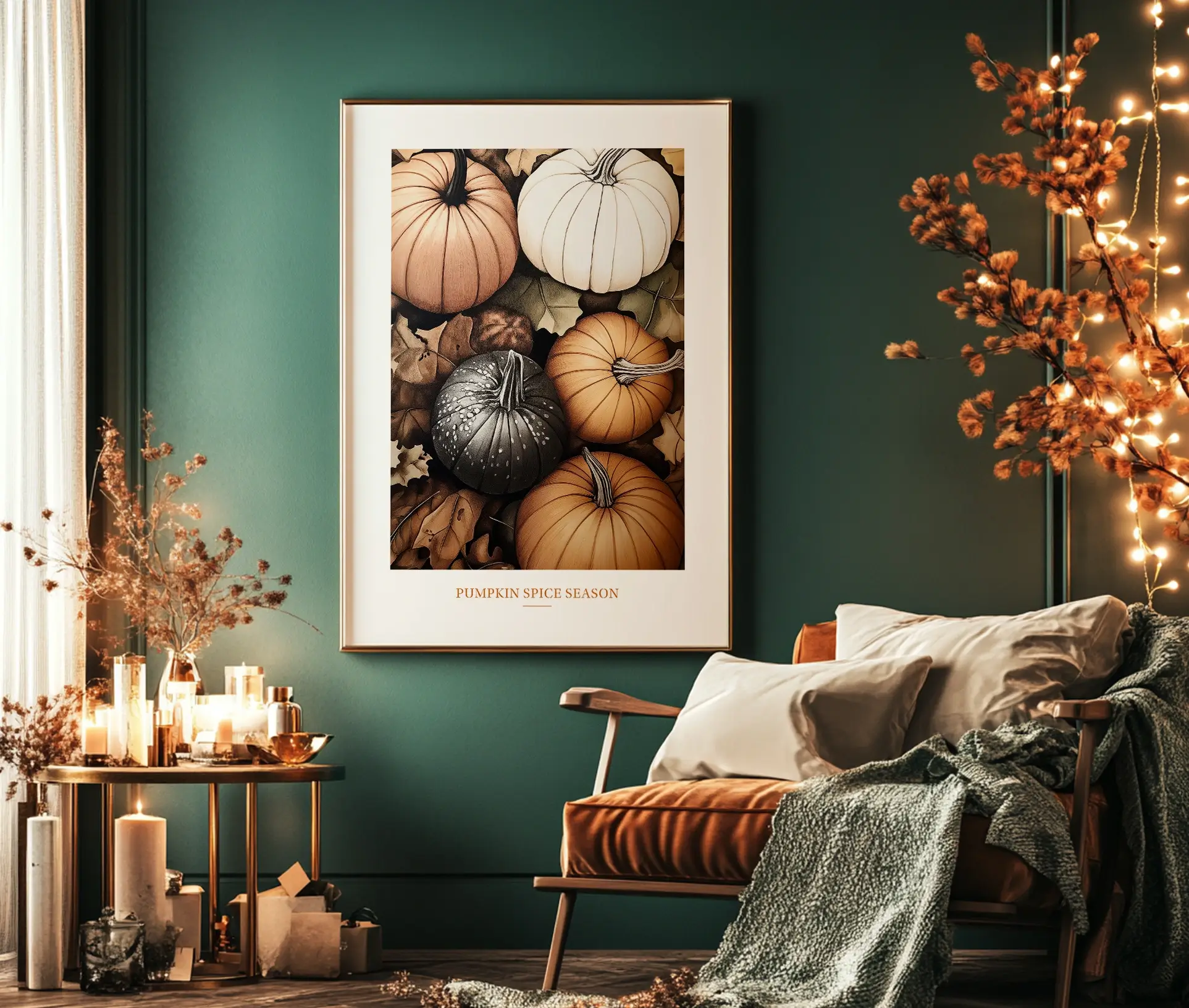 Efterårsplakat med græskar i varme toner og tekst "Pumpkin Spice Season" på en grøn væg.