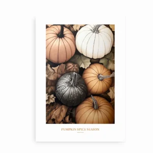 Plakat med græskar i orange, creme og mørkegrå på en hvid baggrund, med teksten "Pumpkin Spice Season".