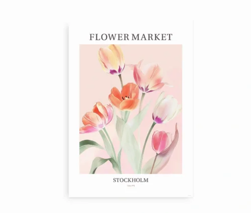 Plakat med tulipaner og teksten "Stockholm Flower Market", isoleret på en hvid baggrund.