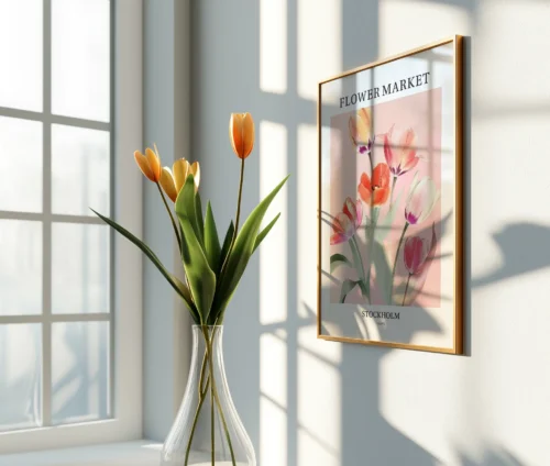 Stockholm Flower Market plakat med tulipaner i gule, rosa og orange farver, hængende i en lys stue.