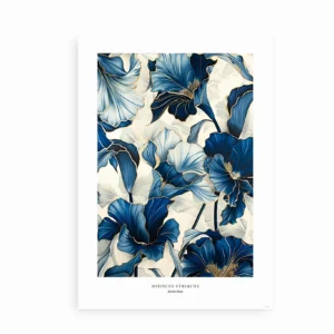 Kunstplakat med blå hibiscusblomster og gyldne detaljer på en lys baggrund.