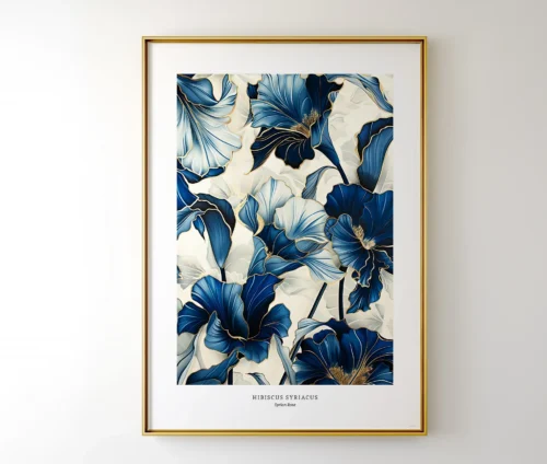 Plakat med blå hibiscusblomster i moderne og sofistikeret design.