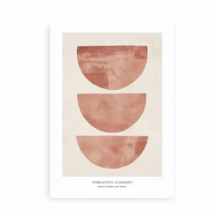 Abstrakt terrakotta-plakat med minimalistiske halve cirkler, isoleret på hvid baggrund.