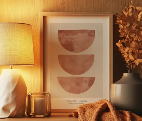 Plakat med terrakotta-mønster i varme jordfarver, placeret i en træramme på et bord.