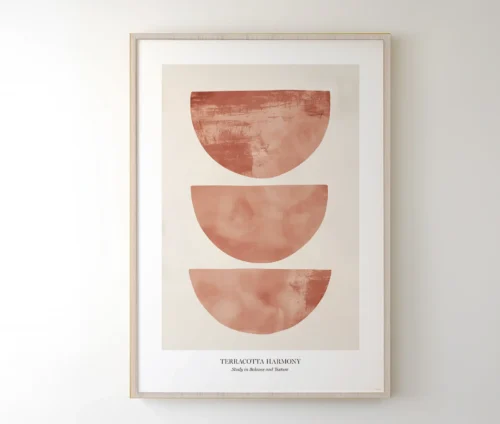 Indrammet plakat med terrakotta-design hængende på en væg i skandinavisk boligstil.
