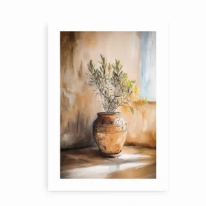 Kunstplakat af en olivengren i en terracottakrukke med varme, naturlige farver.