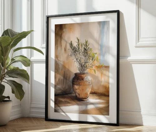 Plakat med elegant oliventræ i en terracottakrukke, badet i naturligt lys.