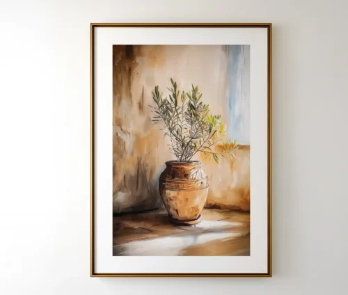 Plakat med olivengren og terracottakrukke i middelhavsdesign og varme farver.