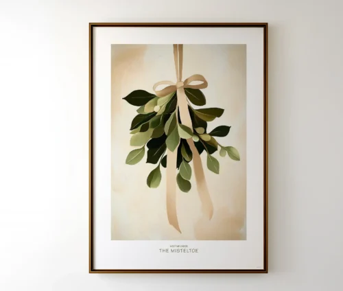 Mistelten plakat med elegant illustration af en mistelten med beige sløjfe, indrammet i en guldramme.