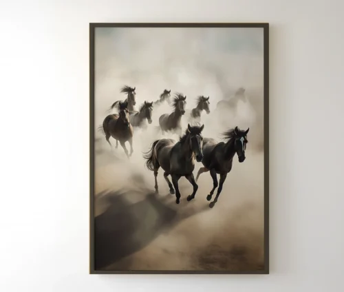 Kunstplakat med flok løbende heste i et støvet landskab.