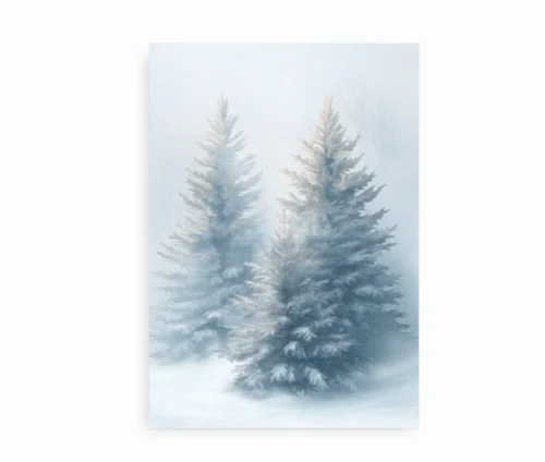 Frosted Trees plakat med vinterlandskab og sneklædte grantræer, trykt uden ramme. Kort billedtekst: