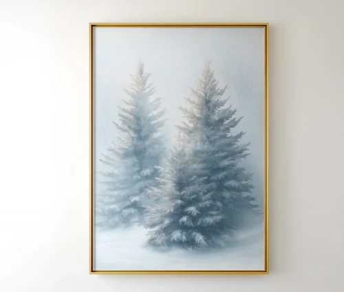 Frosted Trees plakat med minimalistisk vintermotiv, indrammet i en guldramme og hængt op på væggen.