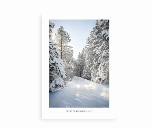 Winter Wonderland fotoplakat med vinterlandskab og sneklædte træer, trykt uden ramme.
