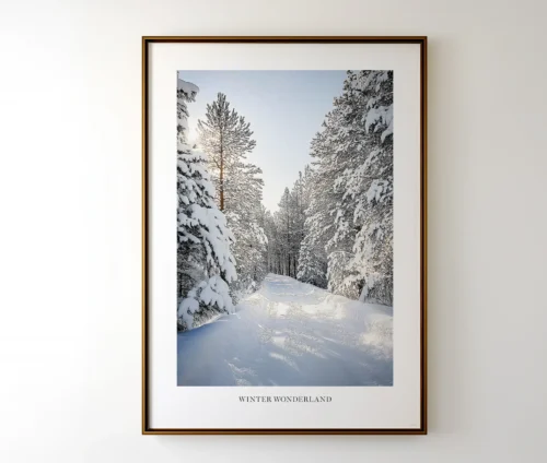 Winter Wonderland fotoplakat. Viser et vinterlandskab med sneklædte træer og blå himmel.