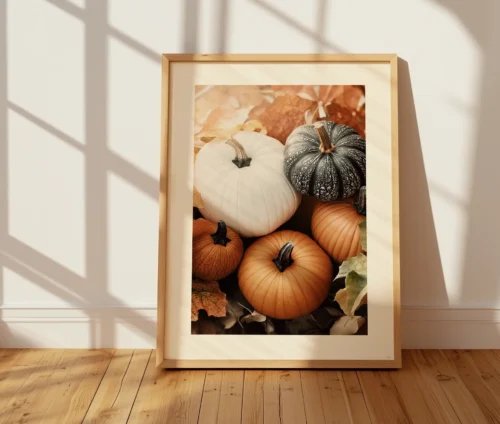 "Autumn Pumpkins"-plakat placeret på gulvet med en naturlig træramme, badet i eftermiddagslys.