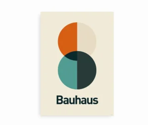 Bauhaus plakat med geometrisk design og overlappende cirkler i farverne orange, beige, teal og mørkegrøn.