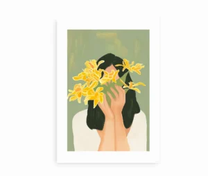 Plakat med en kvinde, der holder en buket gule blomster foran ansigtet, på en grøn baggrund.