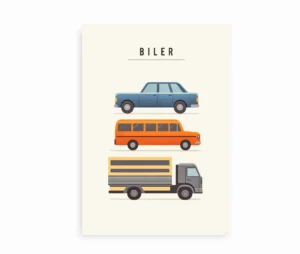 Illustreret plakat med tre biler – en blå personbil, en orange bus og en grå lastbil – på en minimalistisk baggrund.