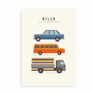 Illustreret plakat med tre biler – en blå personbil, en orange bus og en grå lastbil – på en minimalistisk baggrund.