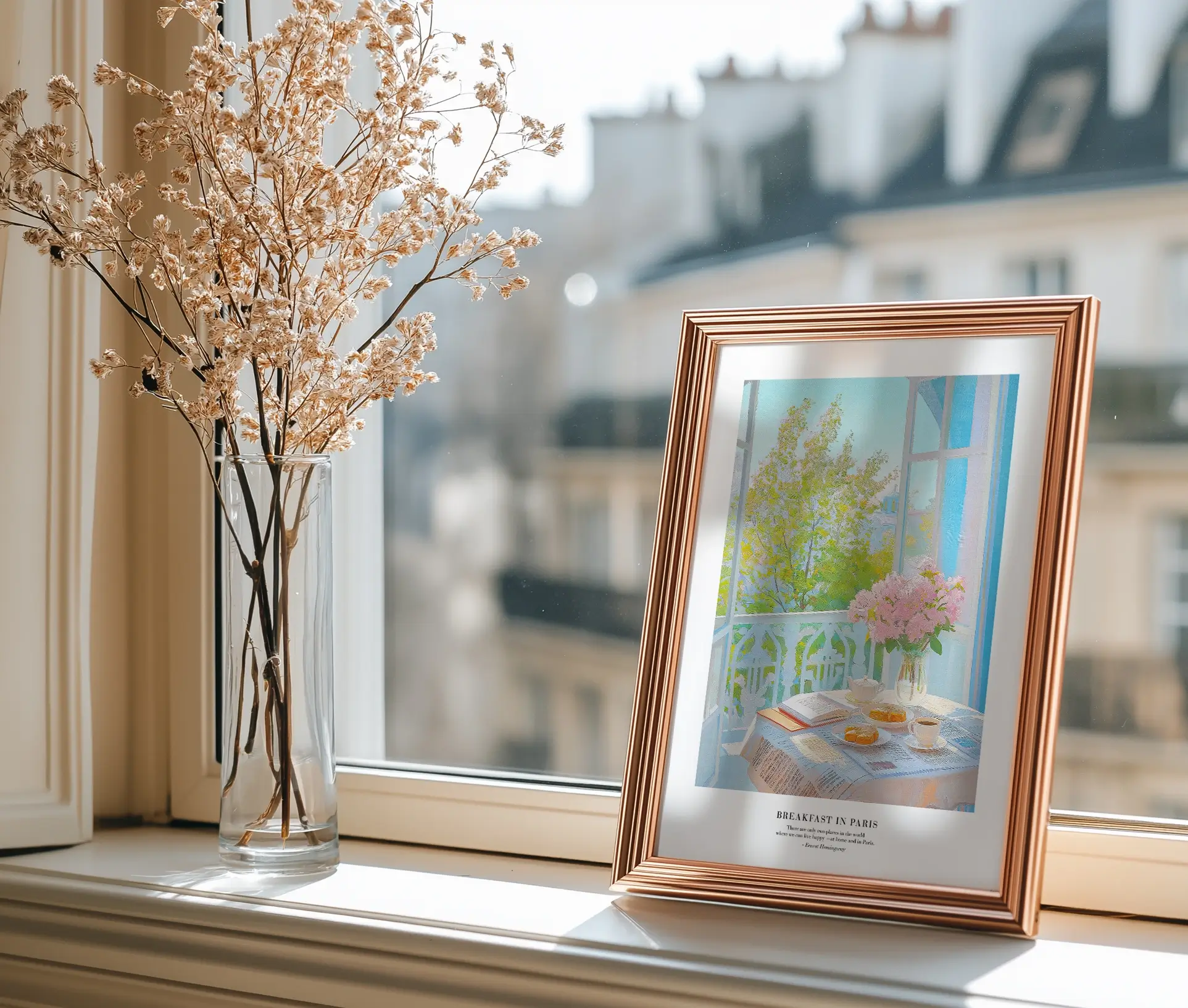 Breakfast in Paris-plakat placeret på en vindueskarm ved siden af en vase med tørrede blomster.
