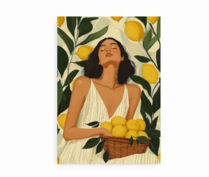 Kunstplakat med en kvinde i en hvid kjole, der holder en kurv med gule citrusfrugter omgivet af citrontræer.