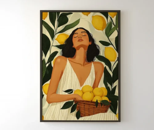 Indrammet kunstplakat med en kvinde og en kurv med citrusfrugter hængende på en væg.