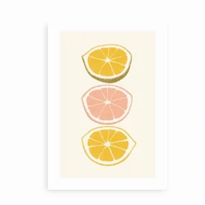 Minimalistisk plakat med tre citrusfrugter – citroner og grapefrugt på en lys baggrund.