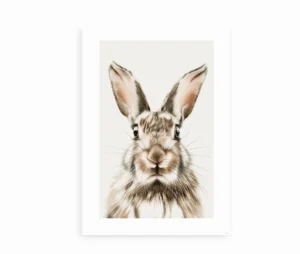 Plakaten "Curious Rabbit" med en realistisk illustration af en kanin.
